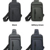 Four versions of a lightweight chest bag in black, military green, dark gray, and dark blue shown from the back.