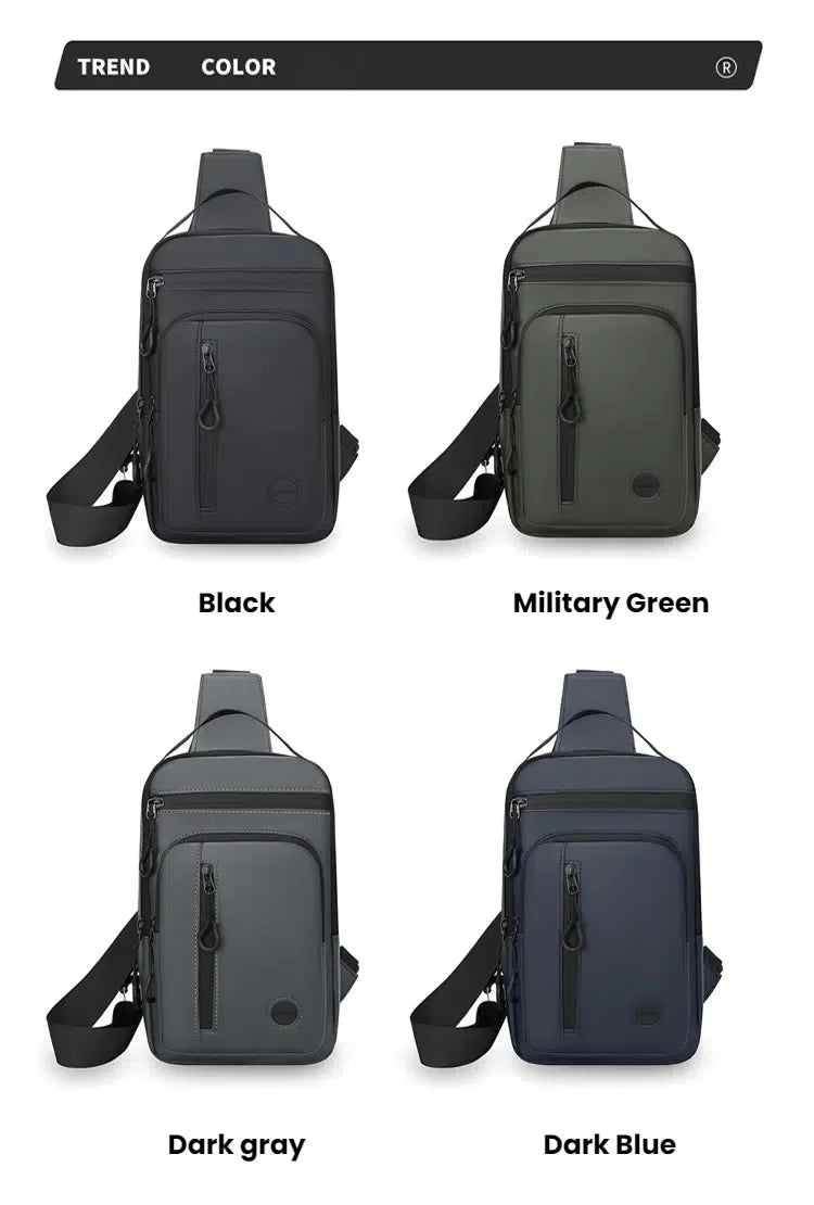Four versions of a lightweight chest bag in black, military green, dark gray, and dark blue shown from the back.