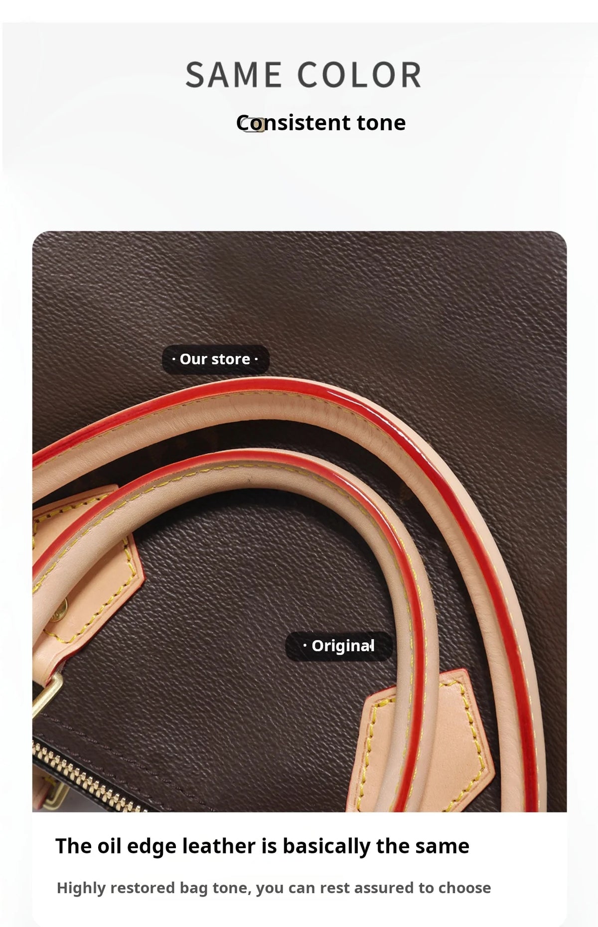 A close-up of a brown leather bag strap showing the consistent tone and edge details.