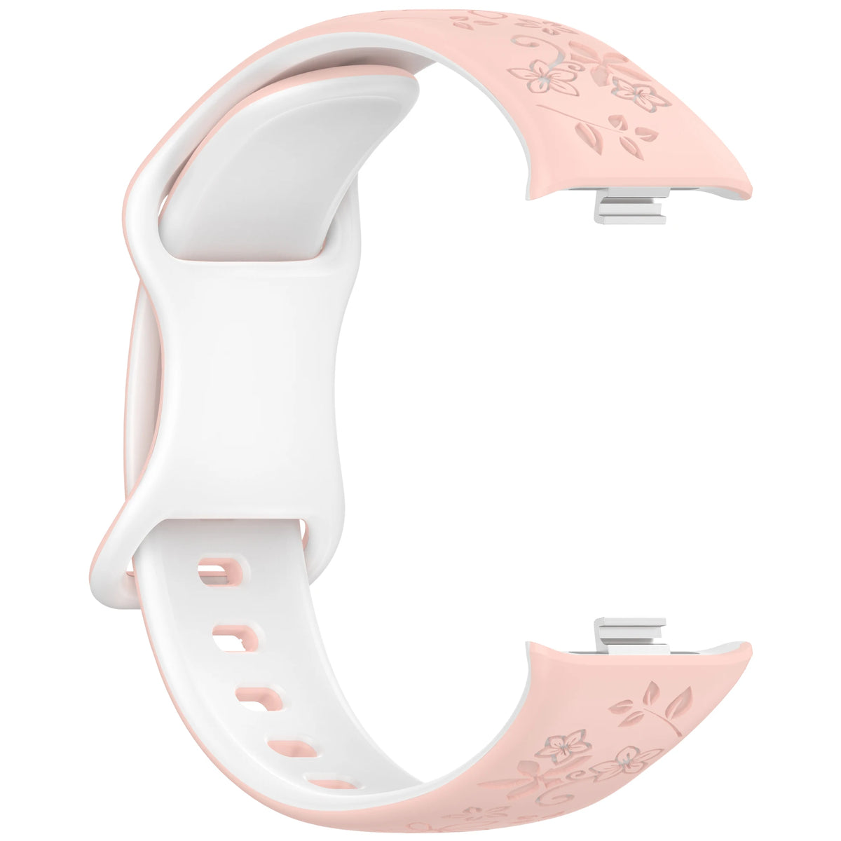 Correa floral de silicona bicolor para smartwatch con detalles en blanco y rosa claro.