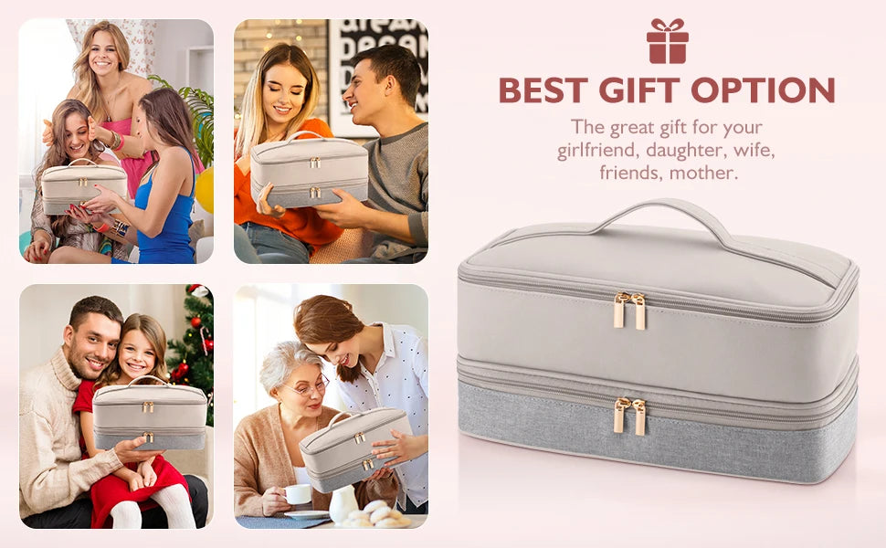 A silver double-layer storage case for hair dryers and accessories shown in various contexts.