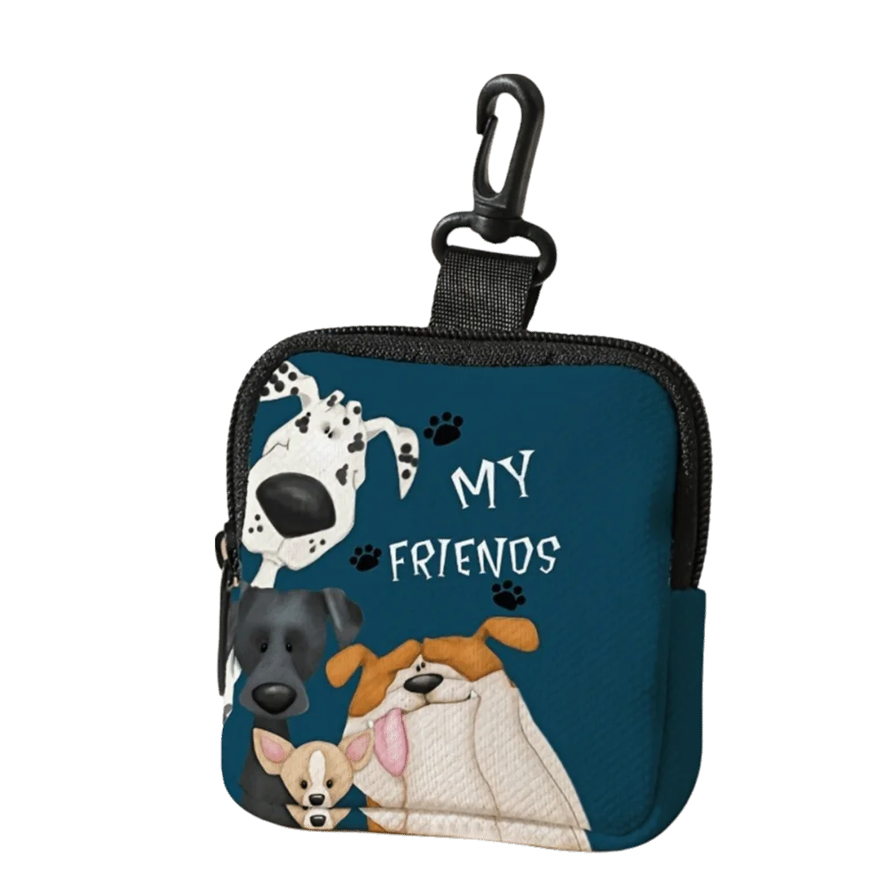 A dark blue coin purse featuring illustrations of various dogs, including a white dog, a black dog, and a light-colored dog.