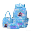 A light blue multi-compartment backpack set featuring floral patterns and pink accents.