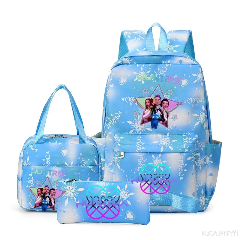 A light blue multi-compartment backpack set featuring floral patterns and pink accents.