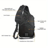 Black sling backpack with removable shoulder sling, card pocket, back pocket, padded mats, and 360 rotated clip.