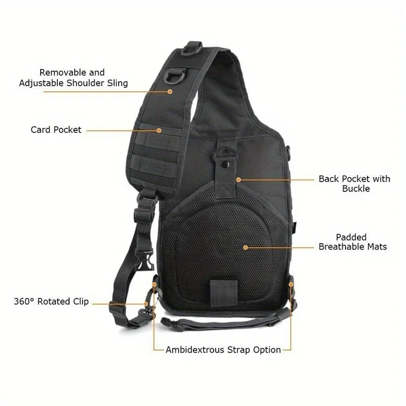 Black sling backpack with removable shoulder sling, card pocket, back pocket, padded mats, and 360 rotated clip.