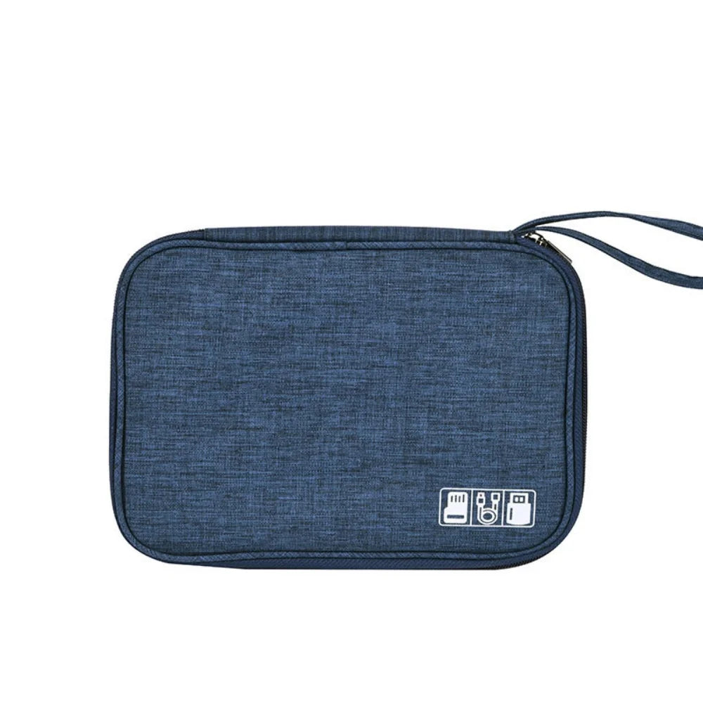 A dark blue fabric pouch designed to organize and protect electronic cables and accessories.