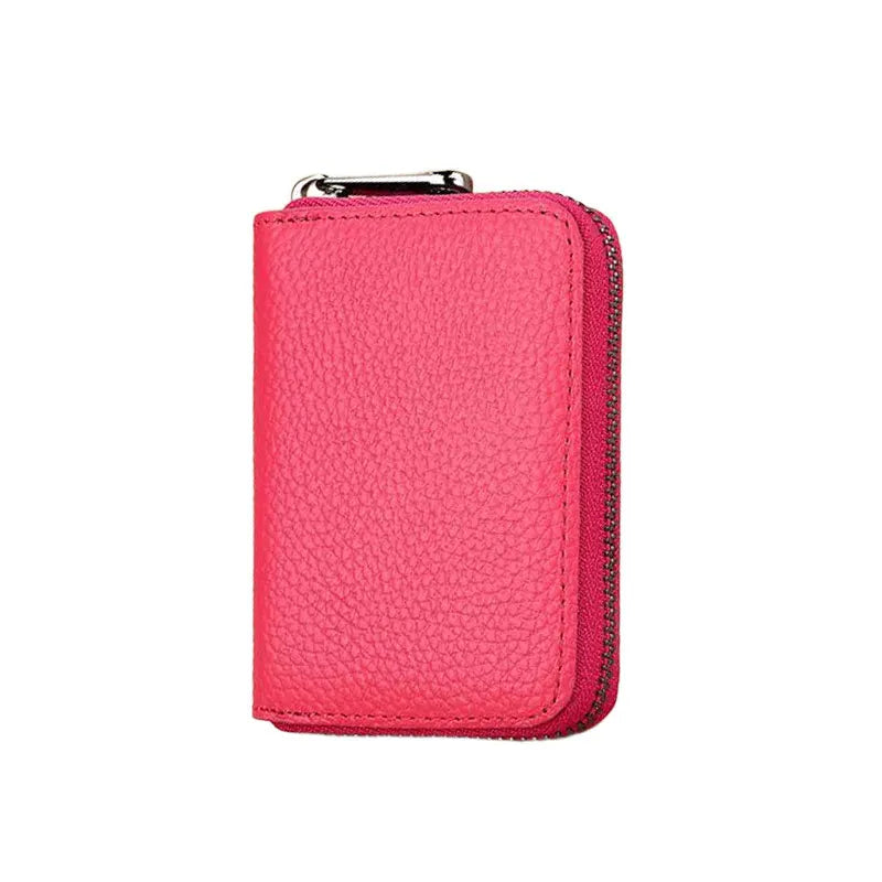A pink minimalist RFID blocking card wallet with a zipper pouch.