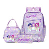 A purple multi-compartment casual backpack featuring a patterned design and pink accents.