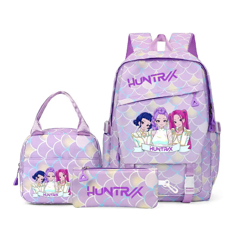 A purple multi-compartment casual backpack featuring a patterned design and pink accents.