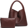 A brown handwoven faux leather tote bag and matching clutch displayed together.