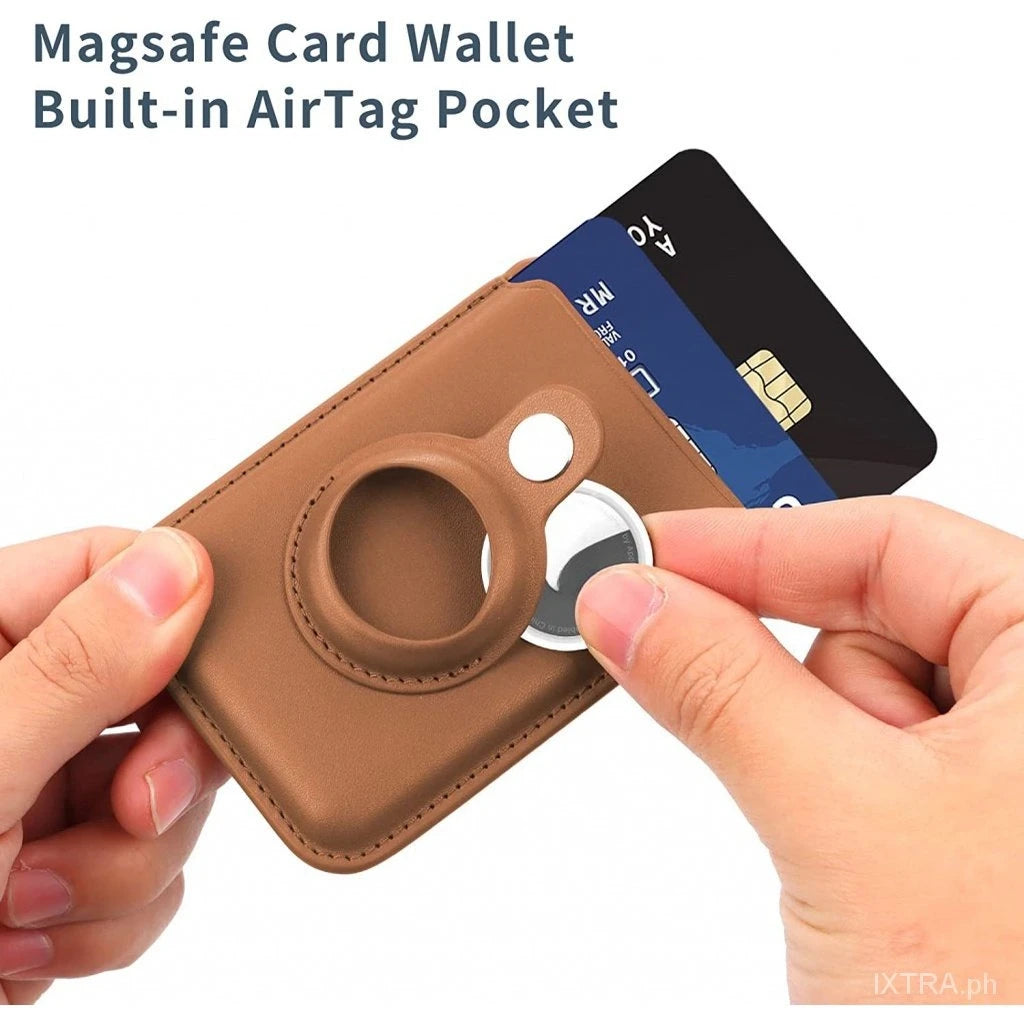 A brown MagSafe card wallet with a built-in pocket for an AirTag is shown being held by a hand.