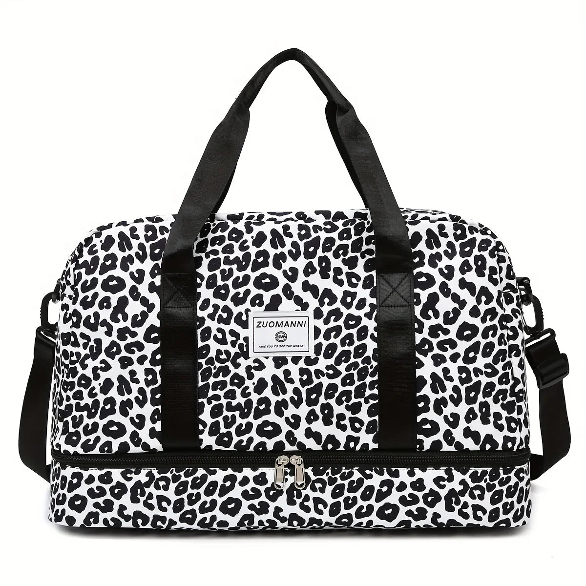 A black and white leopard print nylon travel duffle bag with black straps.