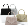 Three beige and gray textured lightweight crossbody evening bags displayed on a white surface.