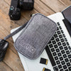 A gray portable digital organizer storage pouch resting on a wooden surface next to a laptop and camera.