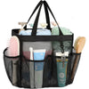 Portable mesh shower caddy with handles holding various bath and shower items