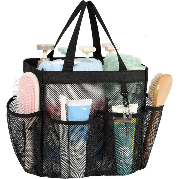 Portable mesh shower caddy with handles holding various bath and shower items