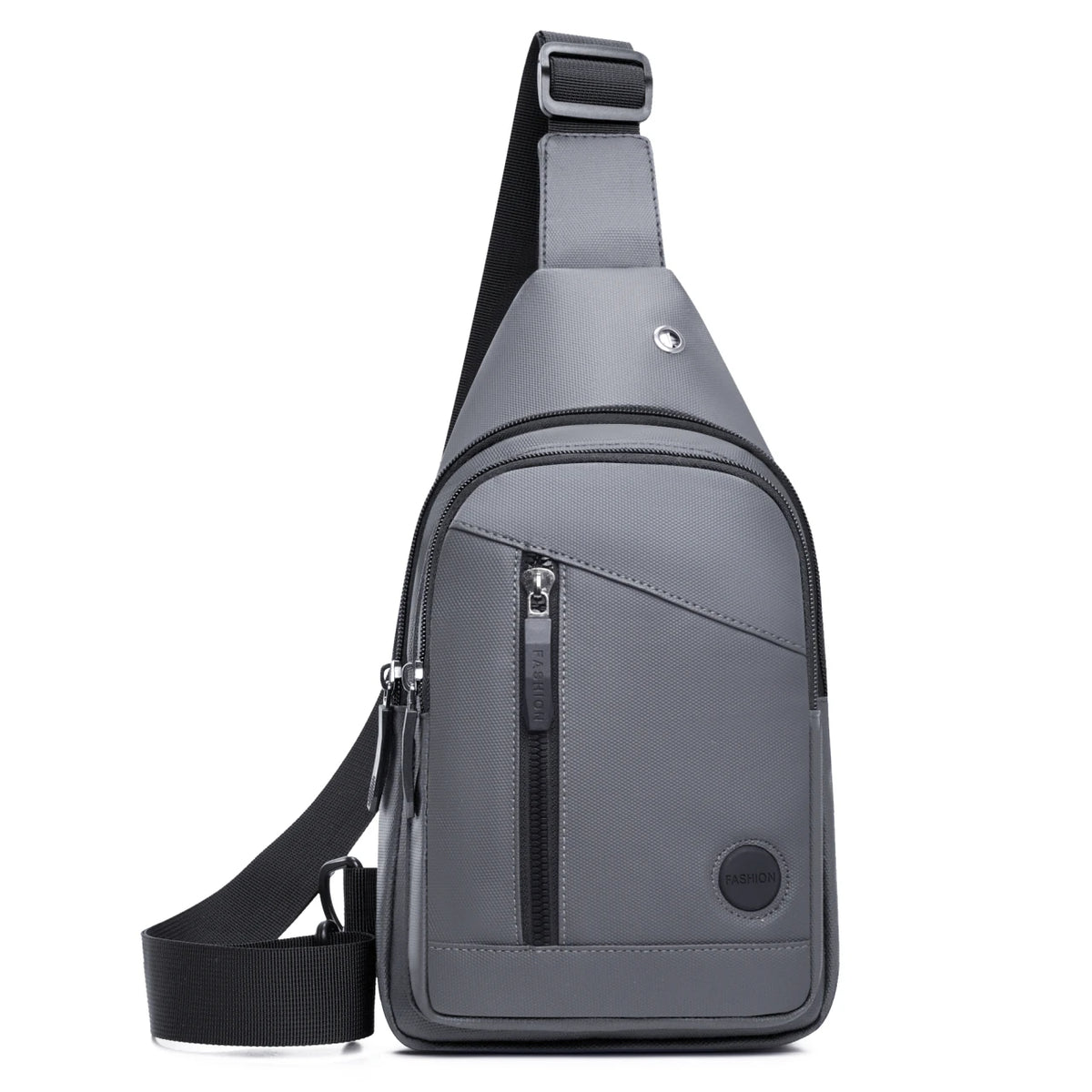 A gray men's adjustable crossbody sling bag with a black strap and zipper.