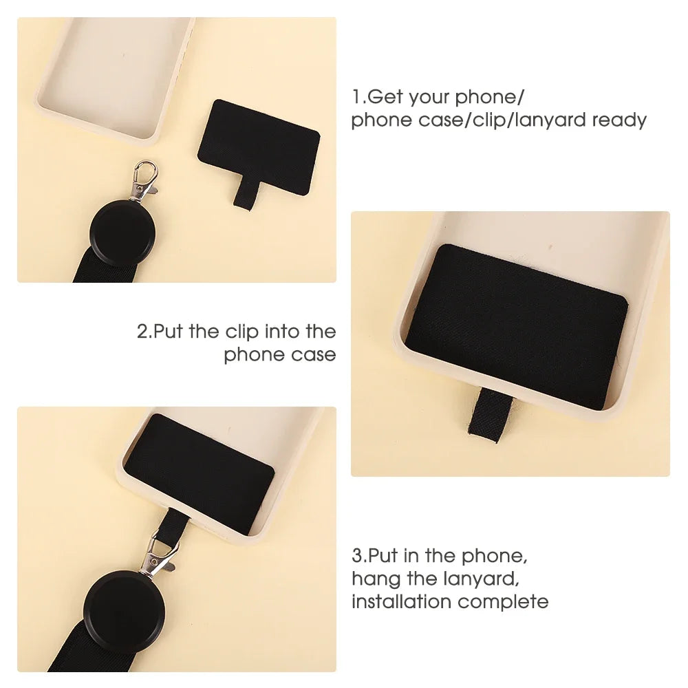 Instructions showing how to attach a phone case and lanyard for installation.