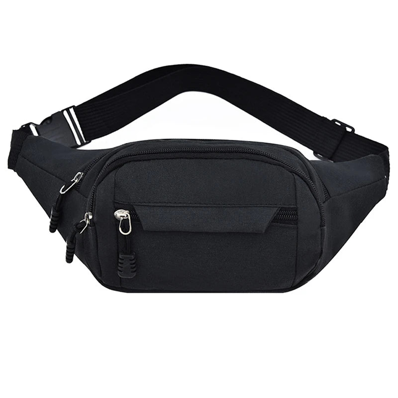 Black canvas waist fanny bag with adjustable strap and zipper closure