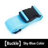 Sky blue luggage identification strap with a black buckle