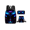 A set of three black backpacks featuring a neon blue and purple mechanical robot design.