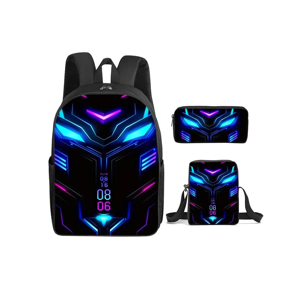 A set of three black backpacks featuring a neon blue and purple mechanical robot design.