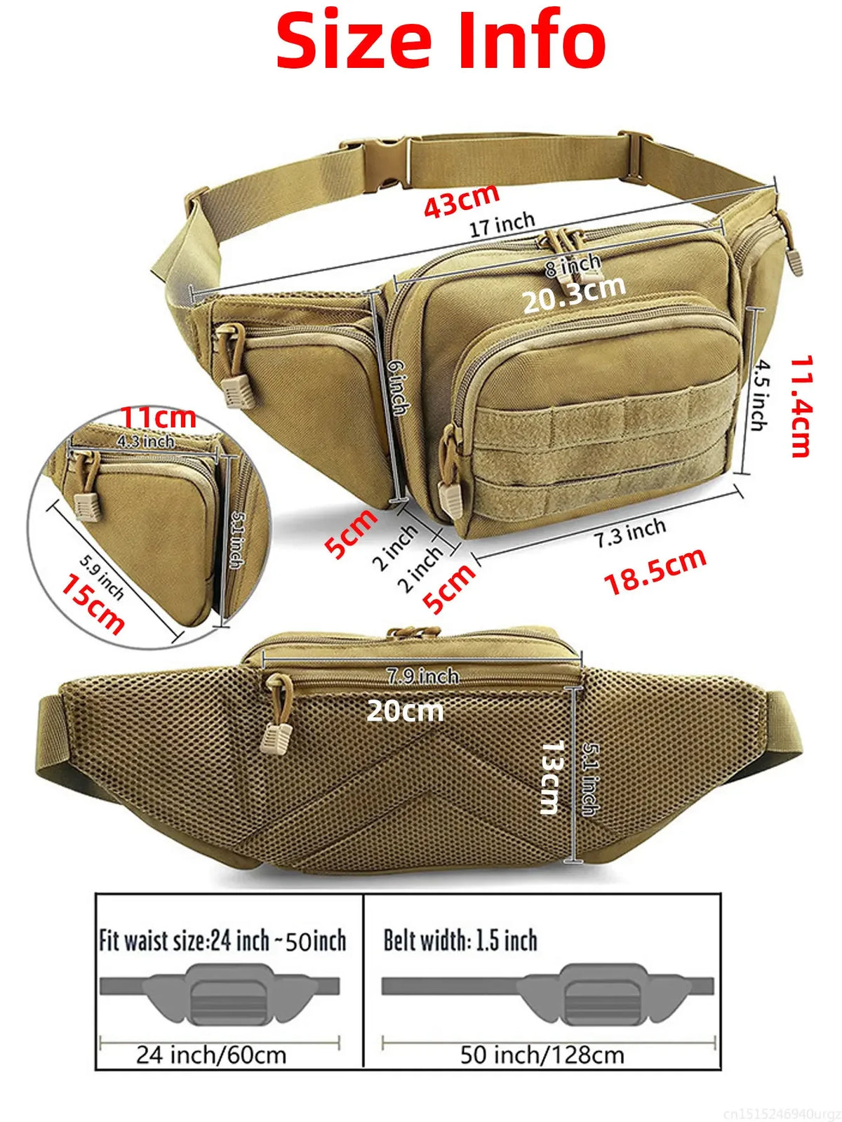A tan multi-compartment waist pack shown with various size measurements and fit details.