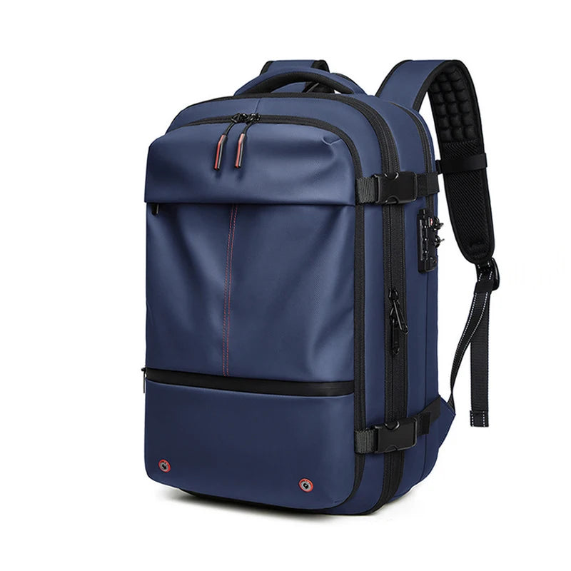 A navy blue heavy duty laptop backpack featuring vacuum compression and multiple compartments.