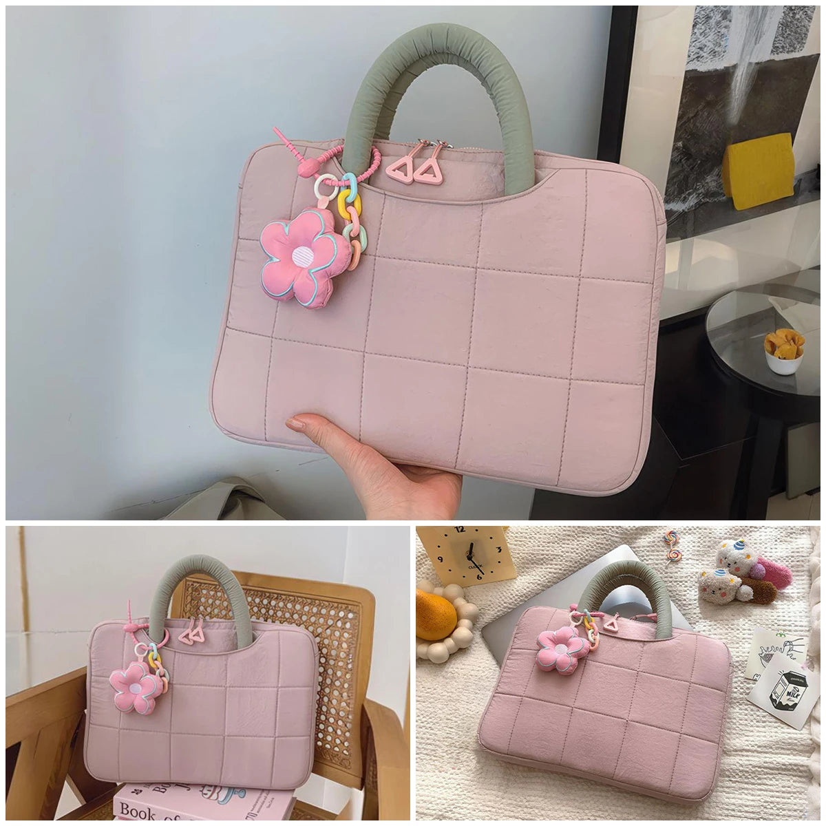 A pink quilted laptop sleeve with a green handle and pink floral charm is shown being held by a hand.