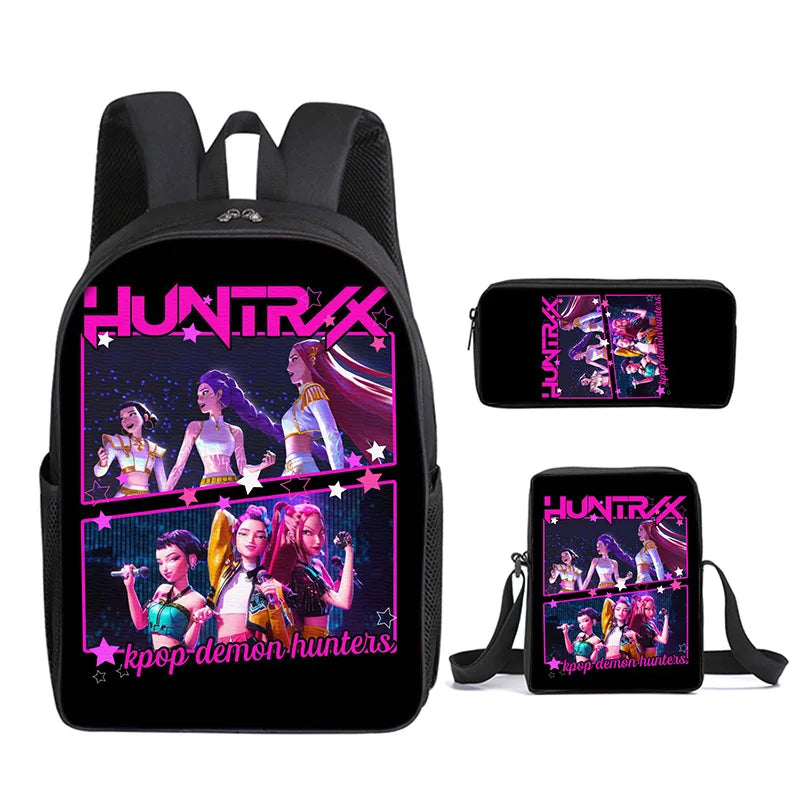 Black backpack featuring HUNTRAX graphics and a pink neon glow design.