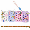 A set of colorful EVA protective cases for hand sanitizer sprays featuring various charms and a string keyring.