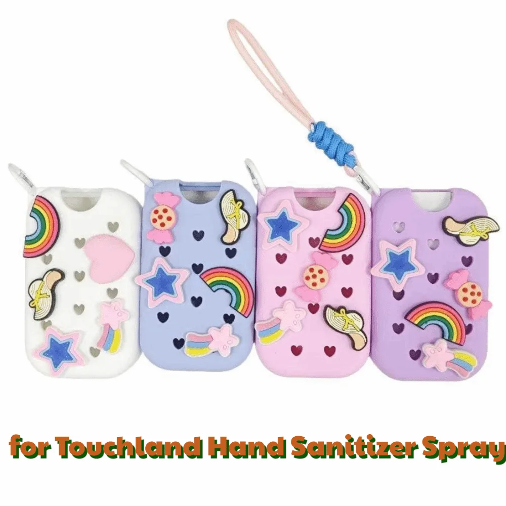 A set of colorful EVA protective cases for hand sanitizer sprays featuring various charms and a string keyring.