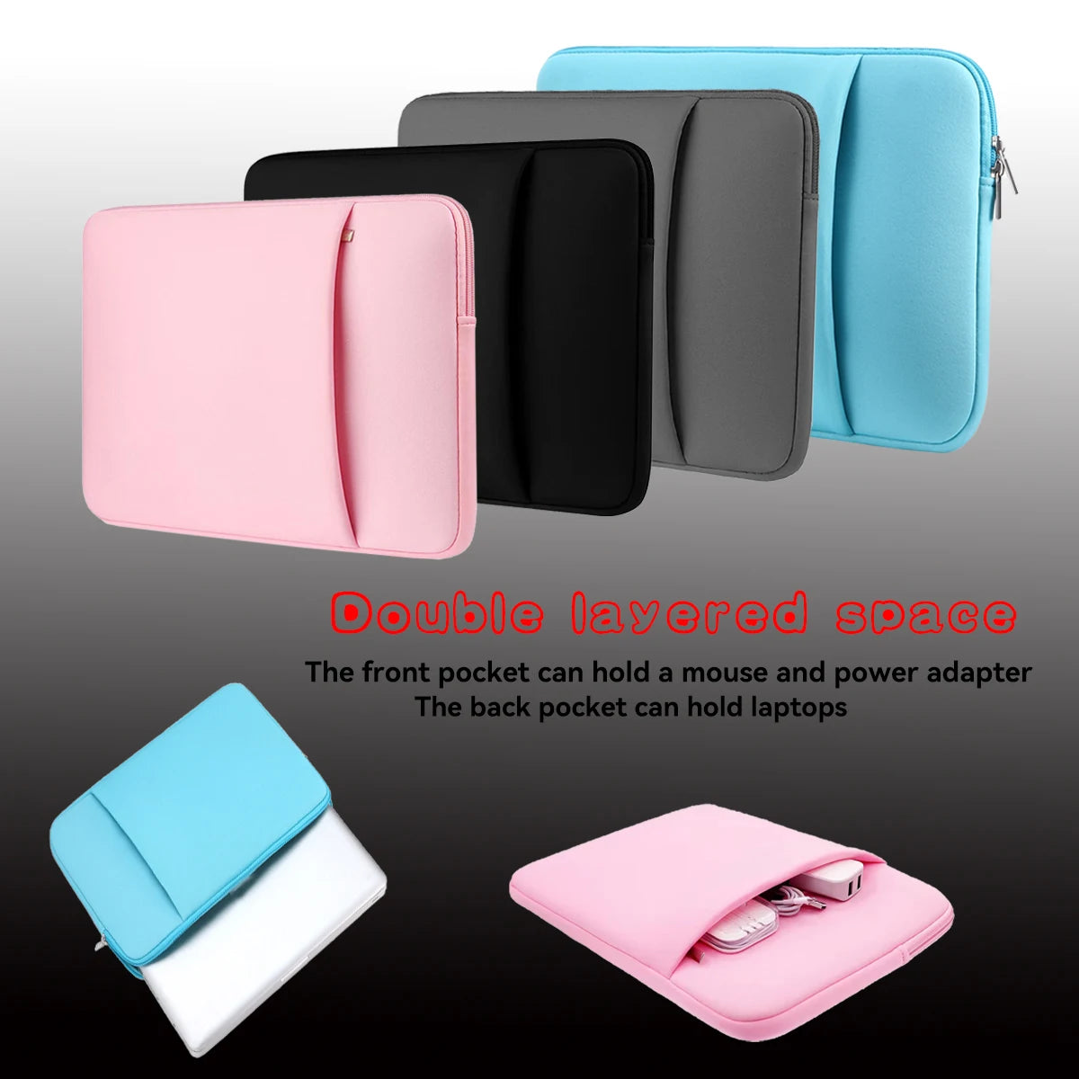 Un juego de fundas para laptop de doble capa en rosa, negro y azul claro, con texto que describe su capacidad de almacenamien