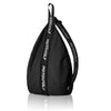 Black multifunctional helmet backpack with black straps shown from the side.