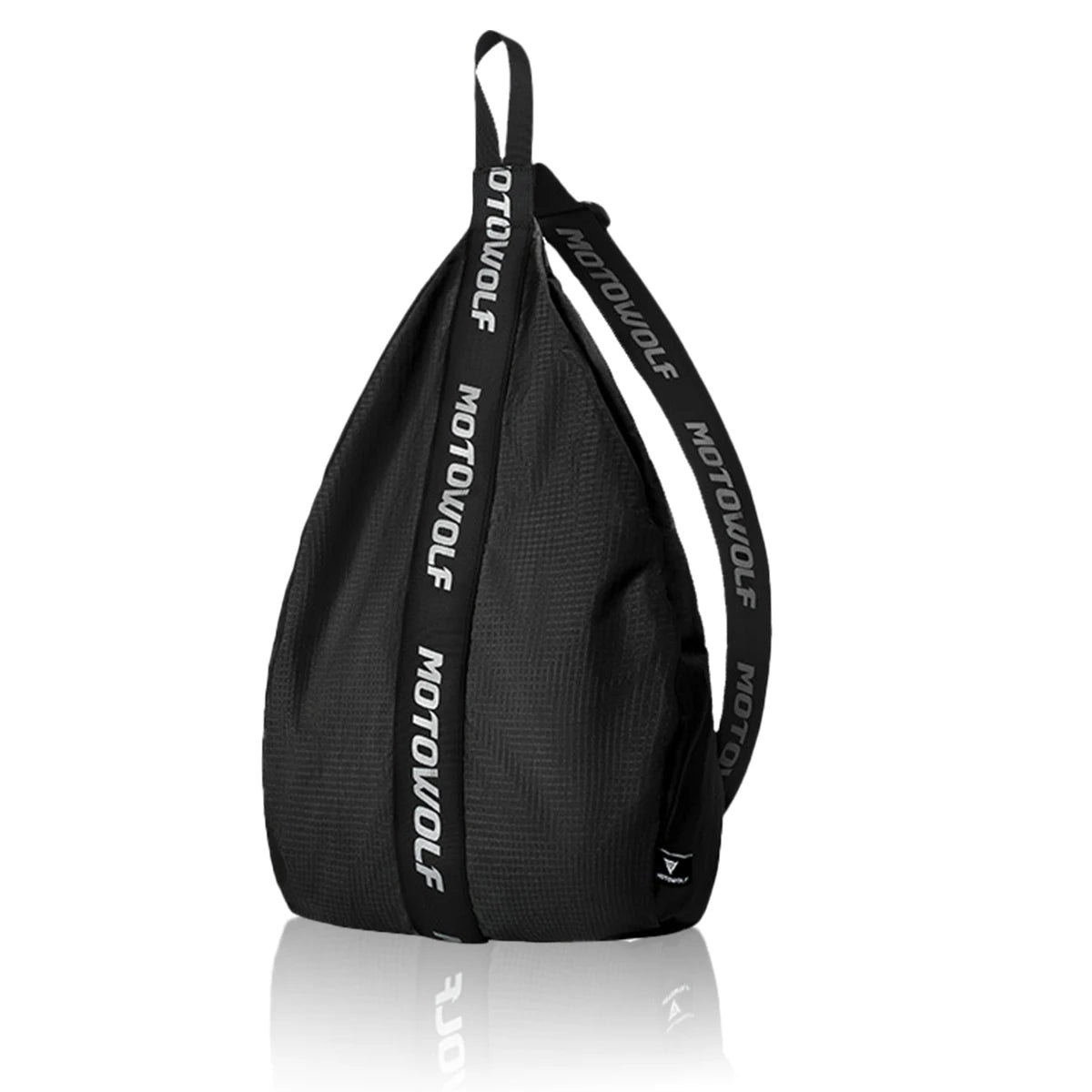 Black multifunctional helmet backpack with black straps shown from the side.