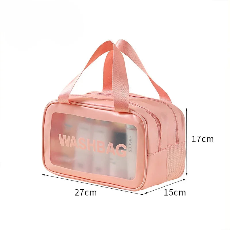 Bolsa de maquillaje y tocador rosa mojado-seco con ventana transparente y asas de tela rosa.