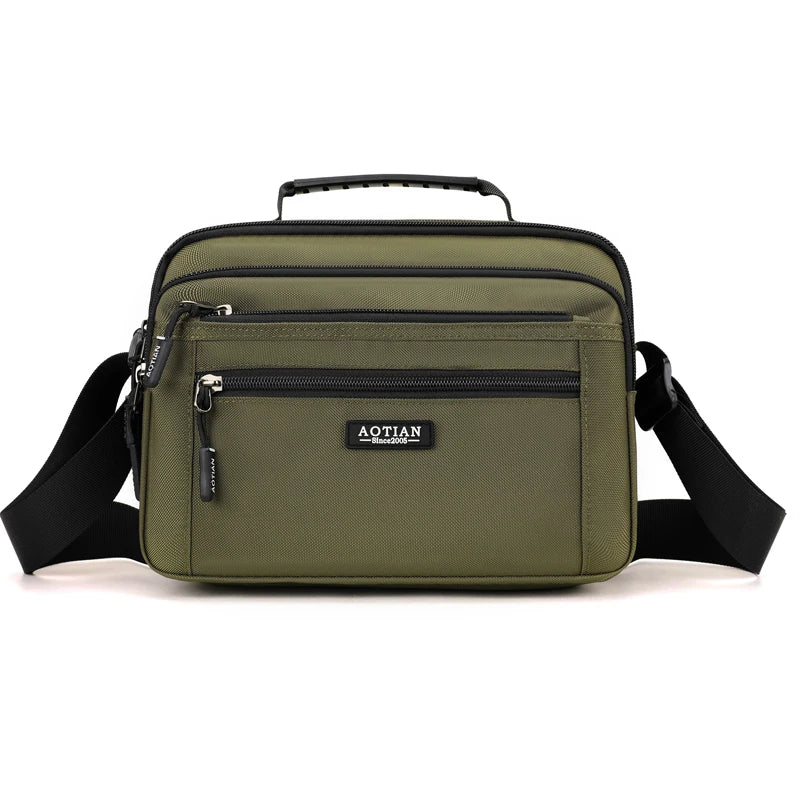 Olive green compact waterproof crossbody messenger bag with black strap