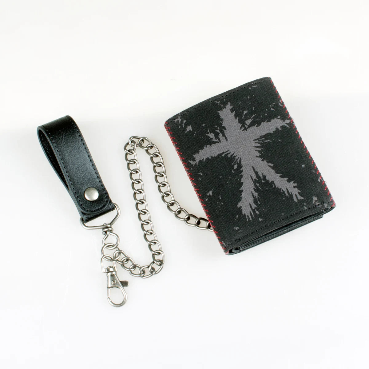 Schwarzes Leder-Multi-fold-Ketten-Kartenträger-Wallet mit silberner Kette und Sternenmuster-Design
