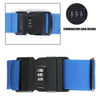 Black and blue adjustable luggage strap with a combination lock design.