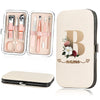 A beige cosmetic case holding a stainless steel nail clipper set and a large matching cosmetic pouch.