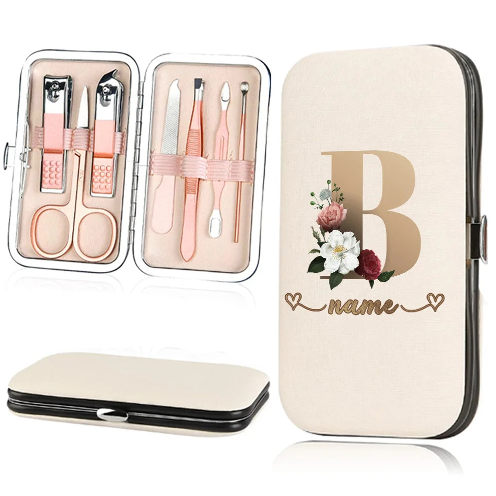 A beige cosmetic case holding a stainless steel nail clipper set and a large matching cosmetic pouch.
