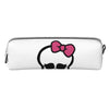 White leather pencil case featuring a pink bow and mustache design.
