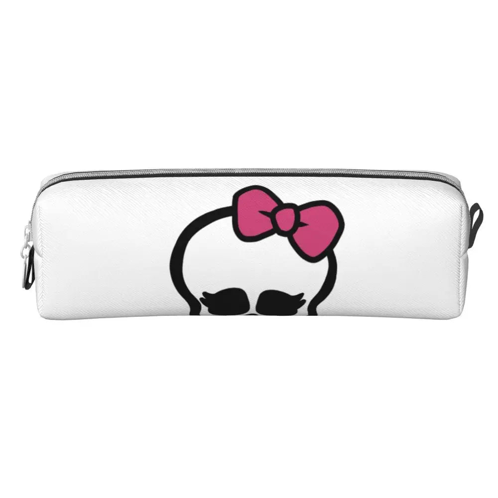 White leather pencil case featuring a pink bow and mustache design.