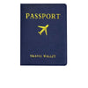 Navy blue PU leather passport wallet with gold embossed text and a yellow airplane symbol