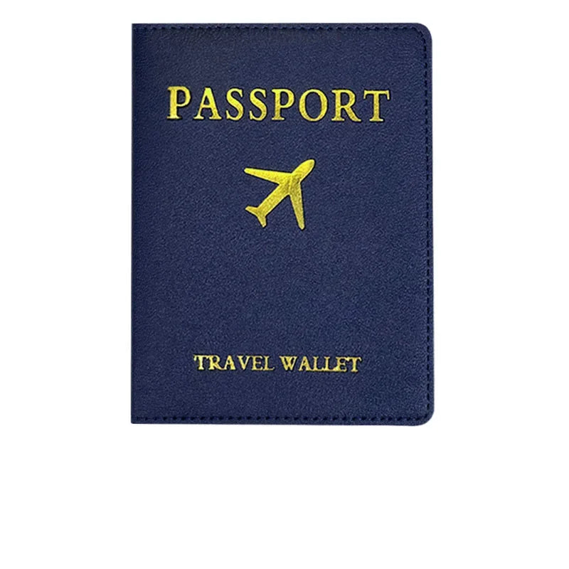 Navy blue PU leather passport wallet with gold embossed text and a yellow airplane symbol
