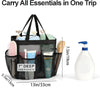 Black portable mesh shower caddy with handles holding various toiletries and essentials for a trip