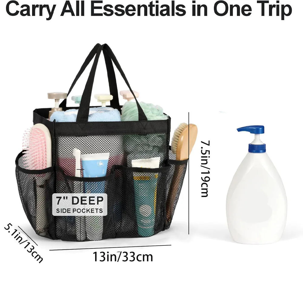 Black portable mesh shower caddy with handles holding various toiletries and essentials for a trip