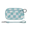 Light blue and white checkered zippered wallet with a silver keychain strap.