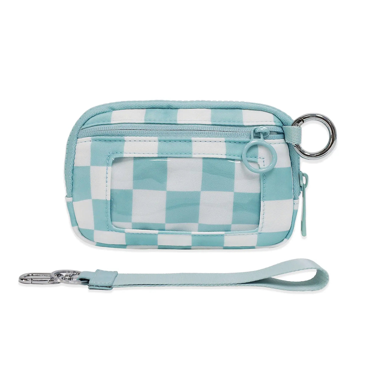 Light blue and white checkered zippered wallet with a silver keychain strap.